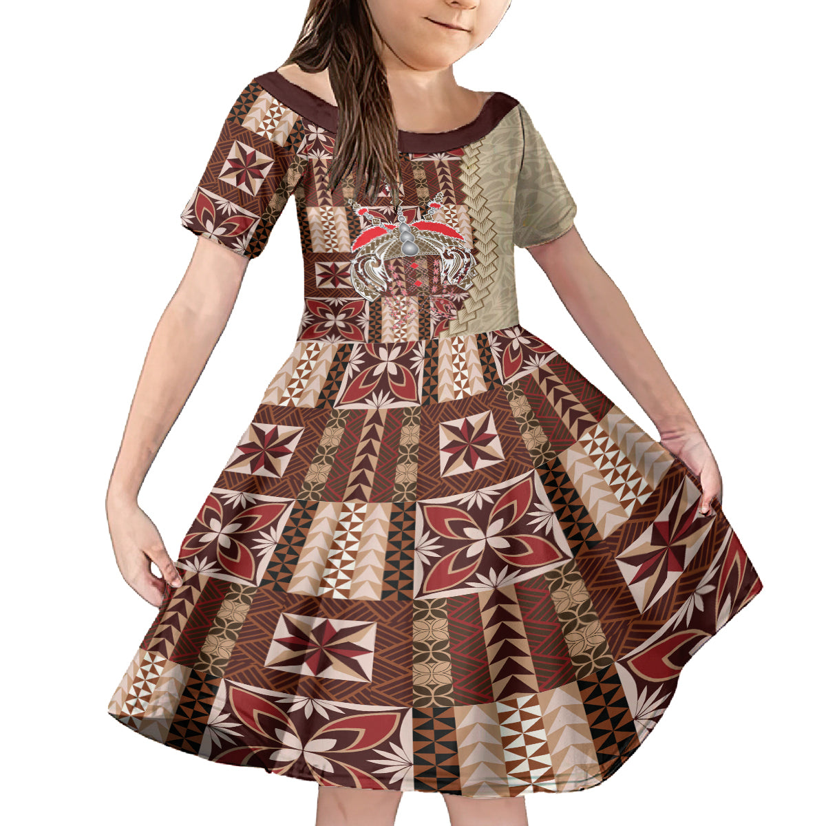 Samoa Tapau Family Matching Summer Maxi Dress and Hawaiian Shirt Samoan Siapo Pattern LT14 Daughter's Dress Brown - Polynesian Pride