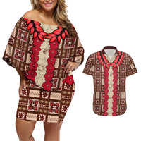 Samoa Siapo Couples Matching Off Shoulder Short Dress and Hawaiian Shirt Tapa Pattern Mix Ula Fala Hibiscus LT14 Brown - Polynesian Pride