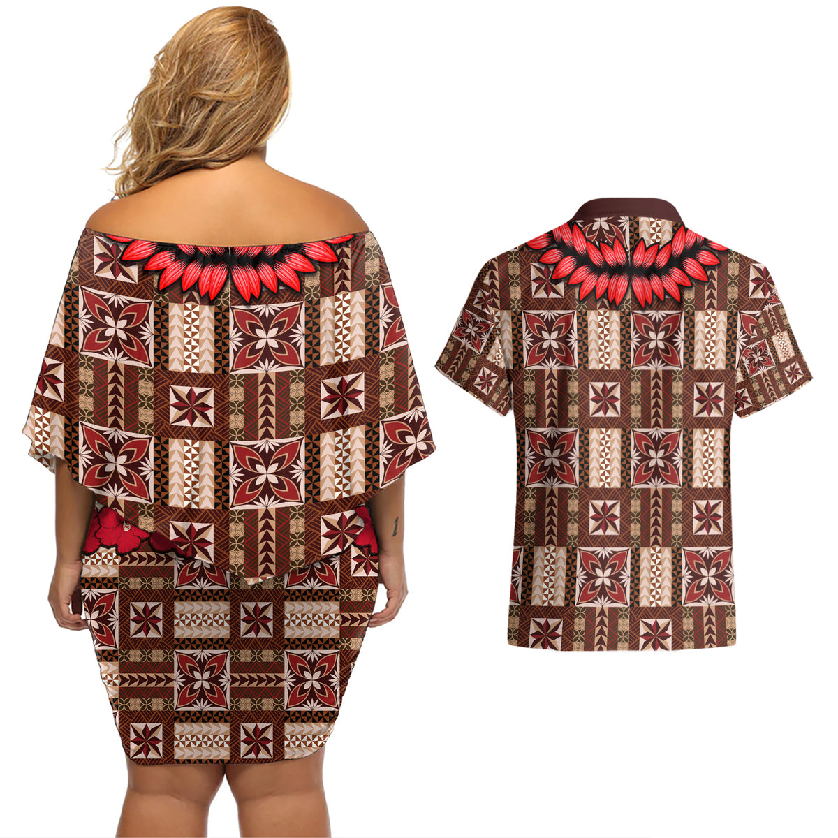 Samoa Siapo Couples Matching Off Shoulder Short Dress and Hawaiian Shirt Tapa Pattern Mix Ula Fala Hibiscus LT14 - Polynesian Pride