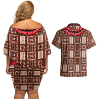 Samoa Siapo Couples Matching Off Shoulder Short Dress and Hawaiian Shirt Tapa Pattern Mix Ula Fala Hibiscus LT14 - Polynesian Pride