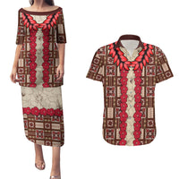 Samoa Siapo Couples Matching Puletasi Dress and Hawaiian Shirt Tapa Pattern Mix Ula Fala Hibiscus LT14 Brown - Polynesian Pride