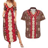 Samoa Siapo Couples Matching Summer Maxi Dress and Hawaiian Shirt Tapa Pattern Mix Ula Fala Hibiscus LT14 Brown - Polynesian Pride