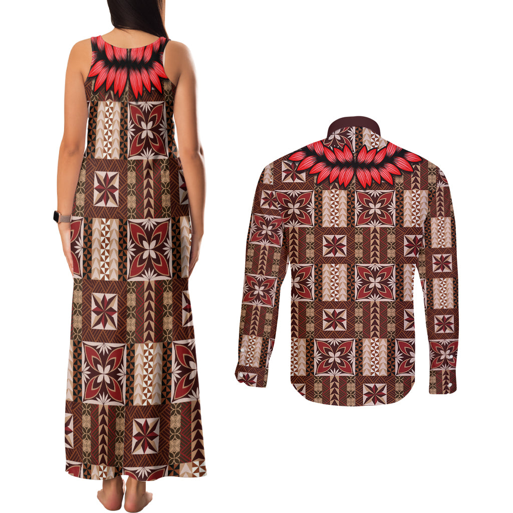 Samoa Siapo Couples Matching Tank Maxi Dress and Long Sleeve Button Shirt Tapa Pattern Mix Ula Fala Hibiscus LT14 - Polynesian Pride
