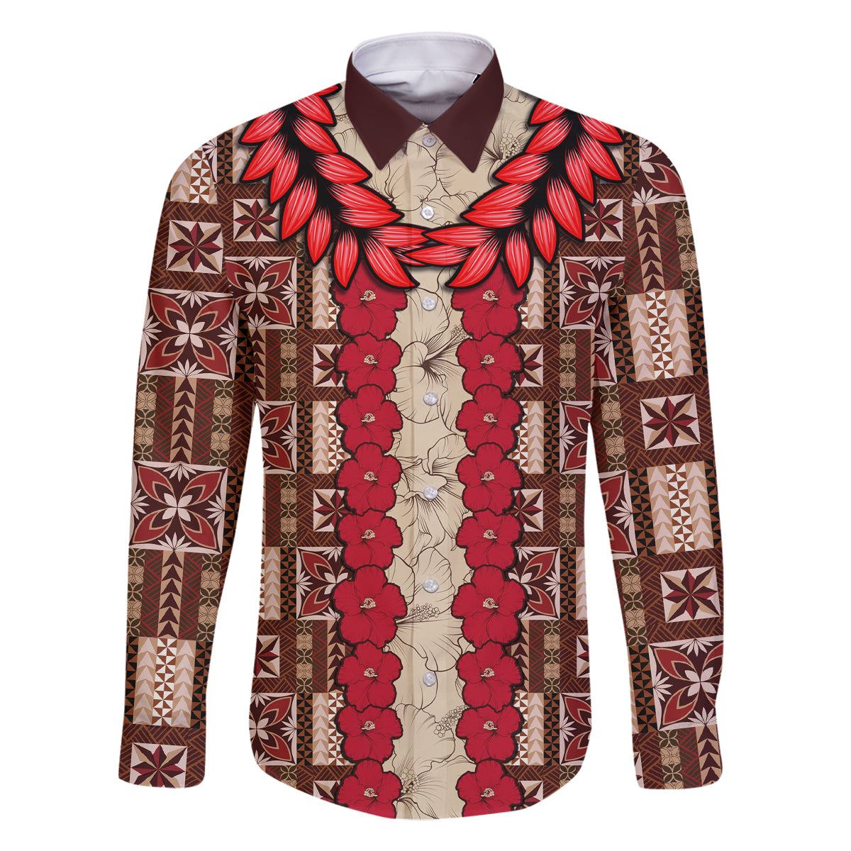 Samoa Siapo Family Matching Mermaid Dress and Hawaiian Shirt Tapa Pattern Mix Ula Fala Hibiscus LT14 Dad's Shirt - Long Sleeve Brown - Polynesian Pride