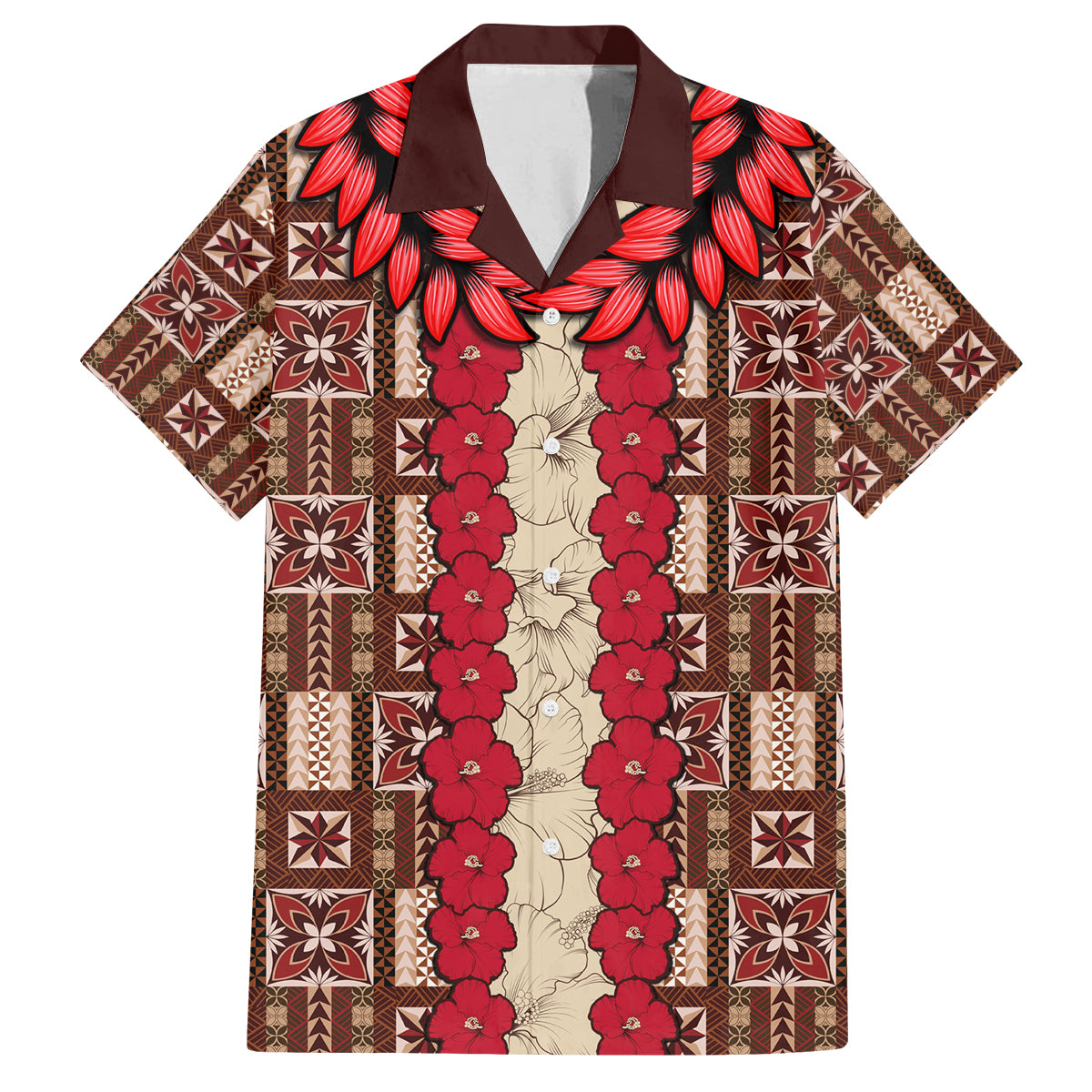 Samoa Siapo Family Matching Off Shoulder Short Dress and Hawaiian Shirt Tapa Pattern Mix Ula Fala Hibiscus LT14 Dad's Shirt - Short Sleeve Brown - Polynesian Pride