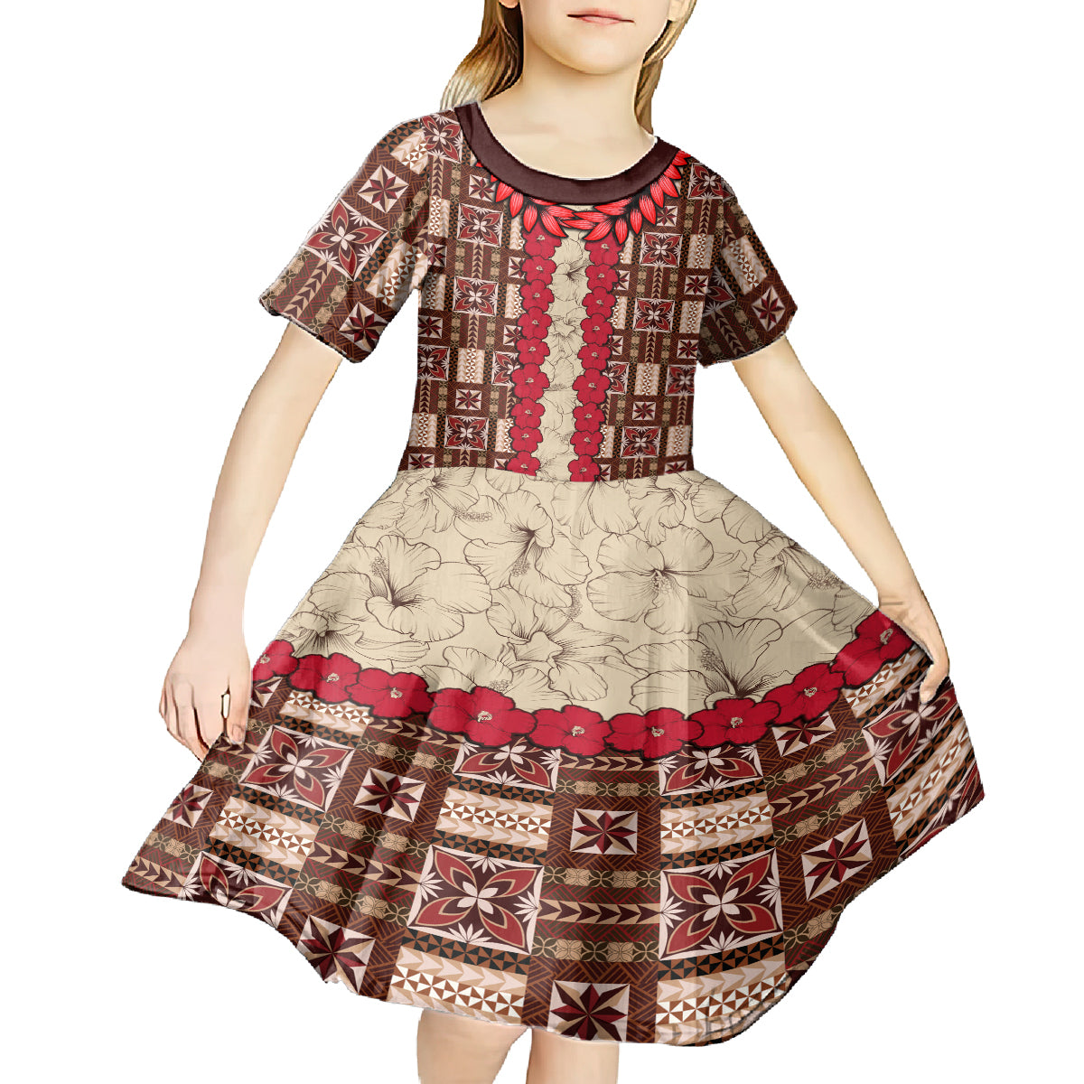 Samoa Siapo Kid Short Sleeve Dress Tapa Pattern Mix Ula Fala Hibiscus LT14 - Polynesian Pride