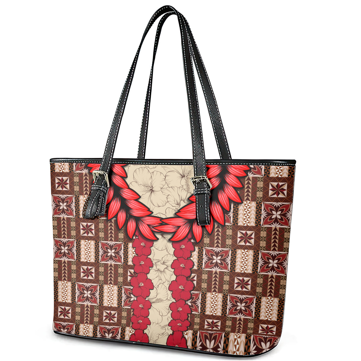 Samoa Siapo Leather Tote Bag Tapa Pattern Mix Ula Fala Hibiscus LT14 - Polynesian Pride