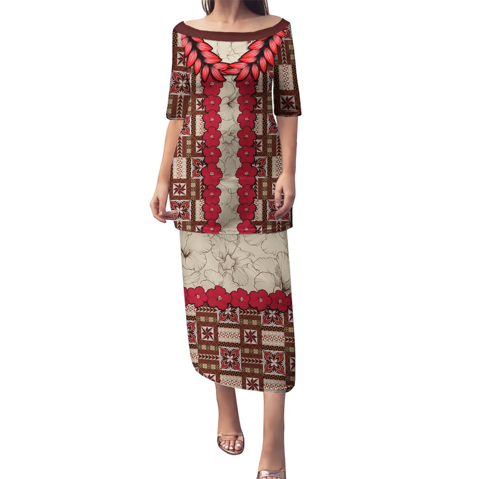 Samoa Siapo Puletasi Tapa Pattern Mix Ula Fala Hibiscus LT14 Long Dress Brown - Polynesian Pride