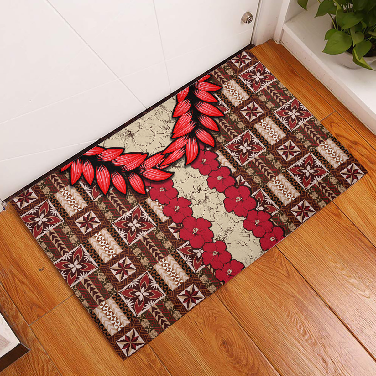 Samoa Siapo Rubber Doormat Tapa Pattern Mix Ula Fala Hibiscus LT14 Brown - Polynesian Pride