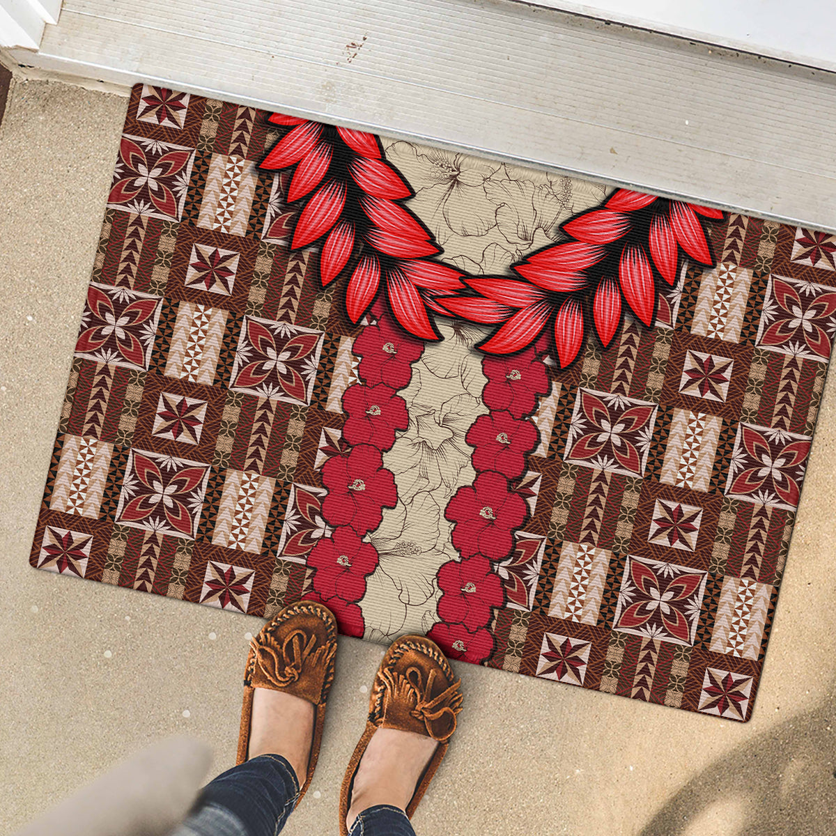 Samoa Siapo Rubber Doormat Tapa Pattern Mix Ula Fala Hibiscus LT14 - Polynesian Pride