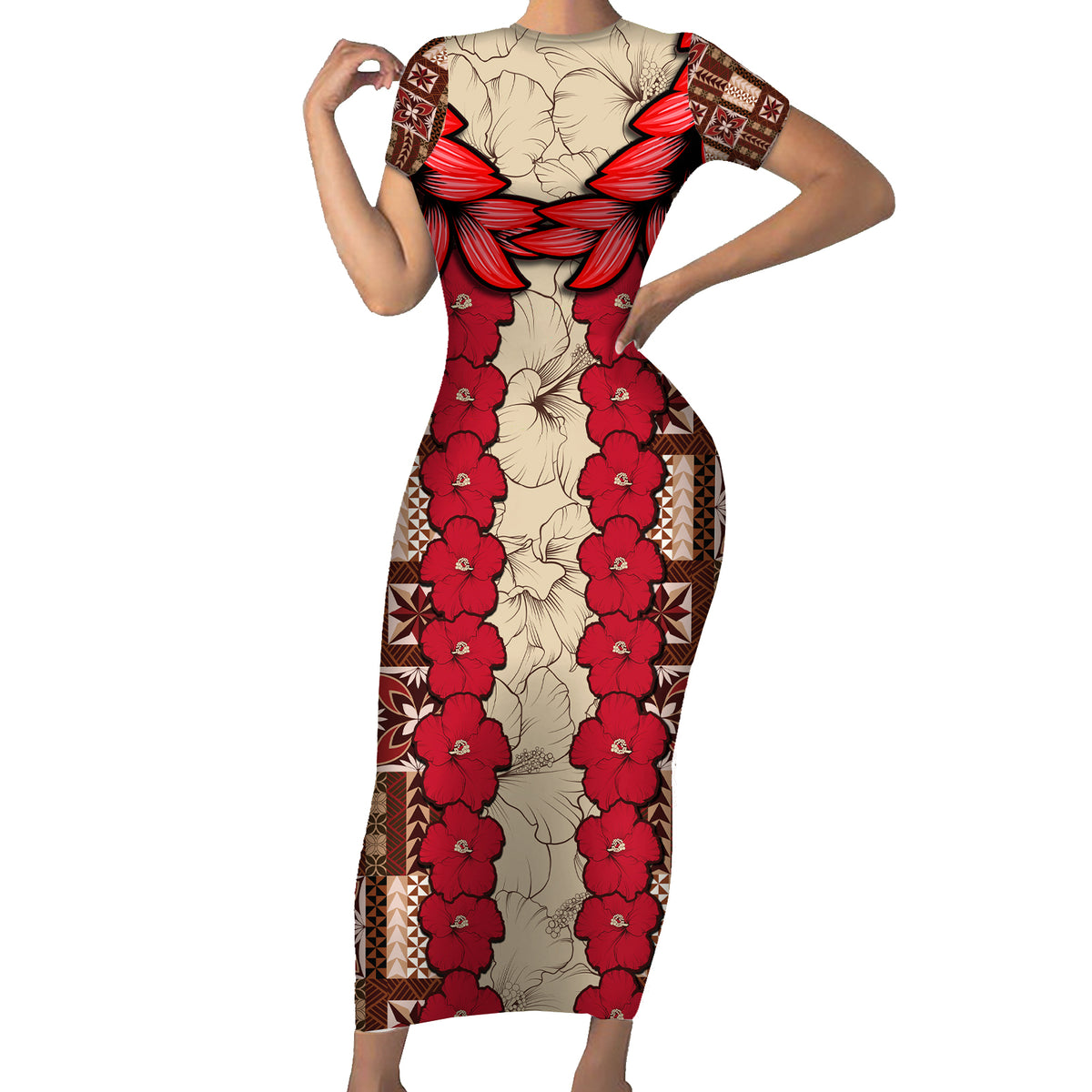 Samoa Siapo Short Sleeve Bodycon Dress Tapa Pattern Mix Ula Fala Hibiscus LT14 Long Dress Brown - Polynesian Pride