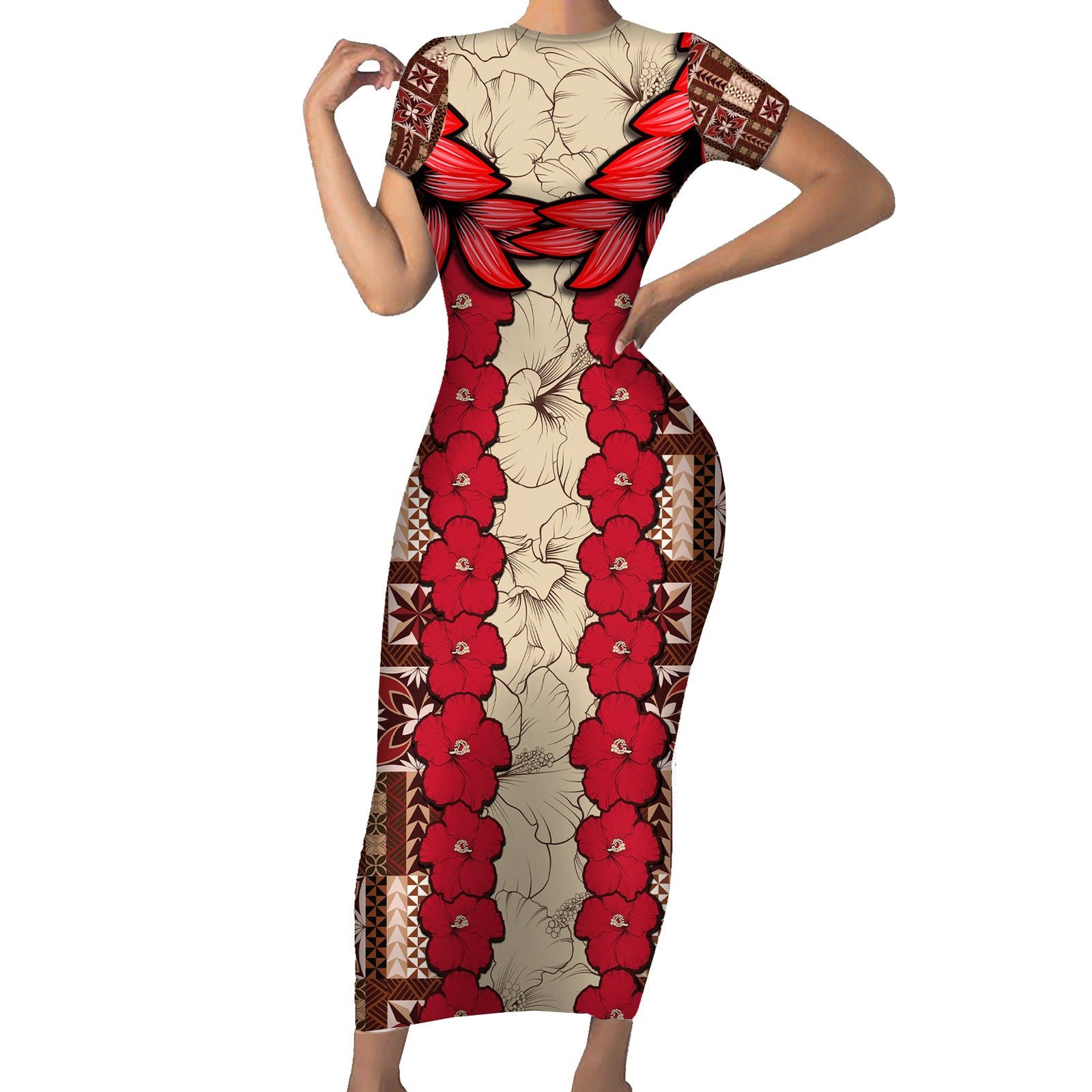 Samoa Siapo Short Sleeve Bodycon Dress Tapa Pattern Mix Ula Fala Hibiscus LT14 Long Dress Brown - Polynesian Pride