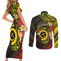 Vanuatu Christmas Couples Matching Short Sleeve Bodycon Dress and Long Sleeve Button Shirt Vanuatuan Pig Tusk - Meri Krismas!