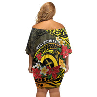 Vanuatu Christmas Off Shoulder Short Dress Vanuatuan Pig Tusk - Meri Krismas! LT14 - Polynesian Pride