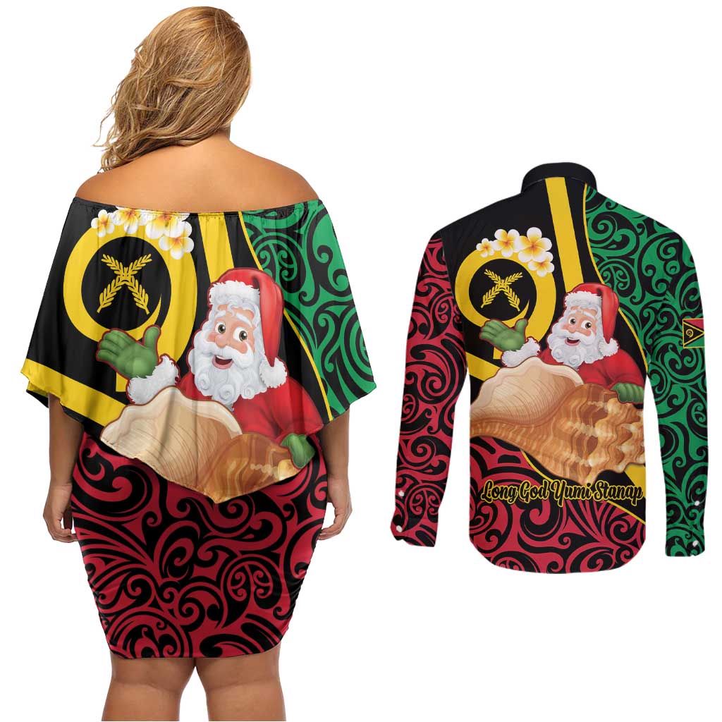 Vanuatu Christmas Couples Matching Off Shoulder Short Dress and Long Sleeve Button Shirt Vanuatuan Conch Shell - Meri Krismas!