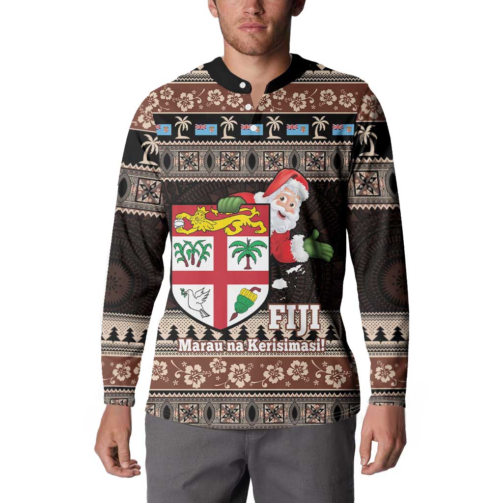 Fiji Christmas Button Sweatshirt Fijian Masi Marau na Kerisimasi! - Brown LT14 - Polynesian Pride