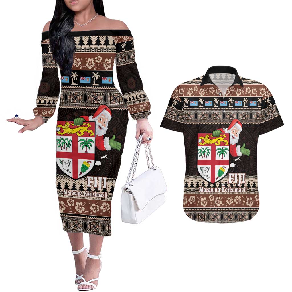Fiji Christmas Couples Matching Off The Shoulder Long Sleeve Dress and Hawaiian Shirt Fijian Masi Marau na Kerisimasi! - Brown LT14 Brown - Polynesian Pride