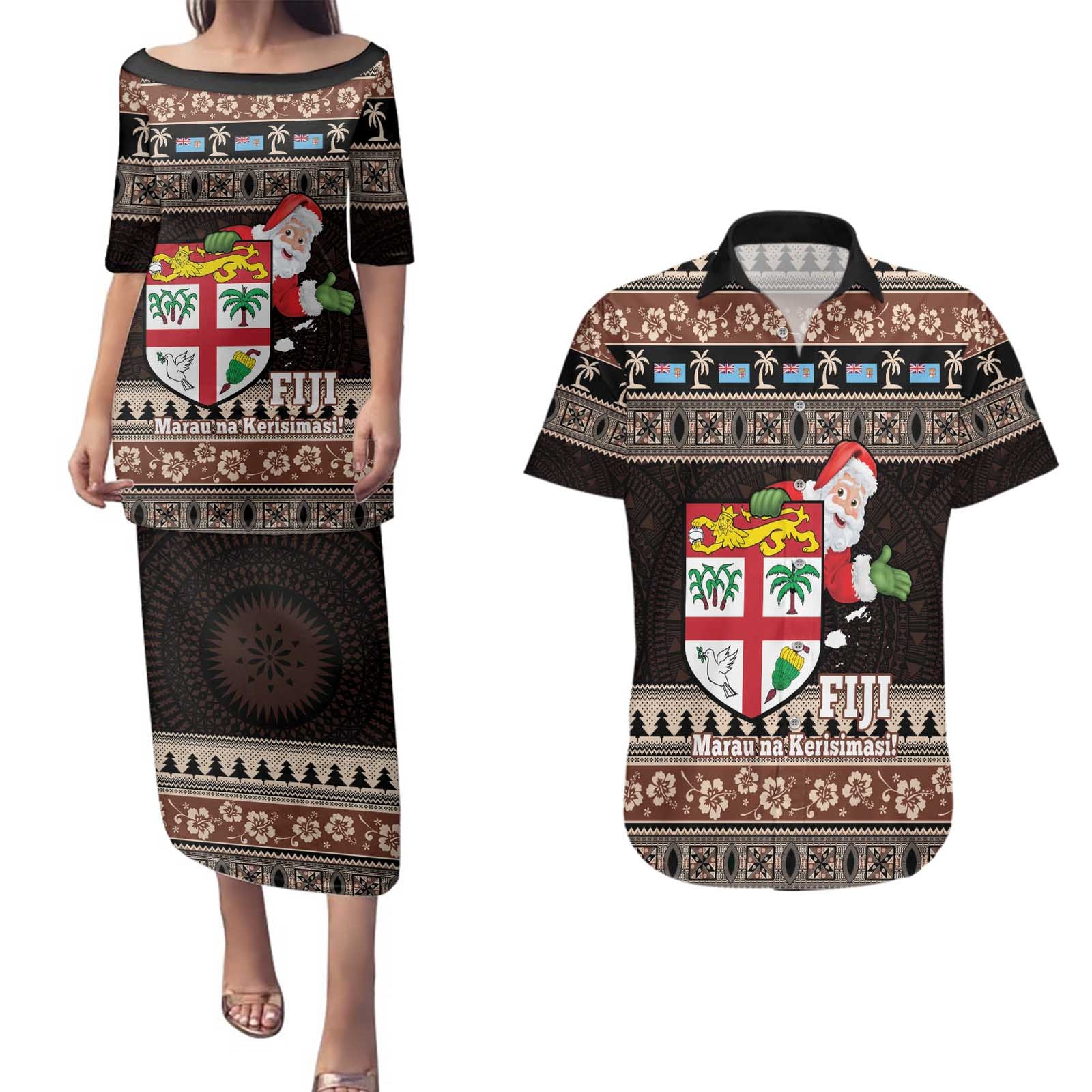Fiji Christmas Couples Matching Puletasi and Hawaiian Shirt Fijian Masi Marau na Kerisimasi! - Brown LT14 Brown - Polynesian Pride