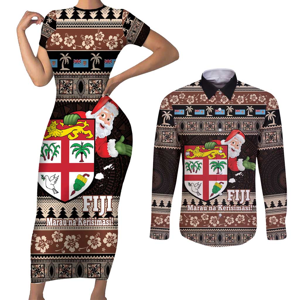 Fiji Christmas Couples Matching Short Sleeve Bodycon Dress and Long Sleeve Button Shirt Fijian Masi Marau na Kerisimasi! - Brown LT14 Brown - Polynesian Pride