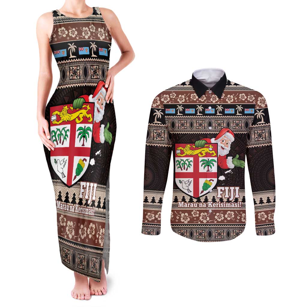 Fiji Christmas Couples Matching Tank Maxi Dress and Long Sleeve Button Shirt Fijian Masi Marau na Kerisimasi! - Brown LT14 Brown - Polynesian Pride