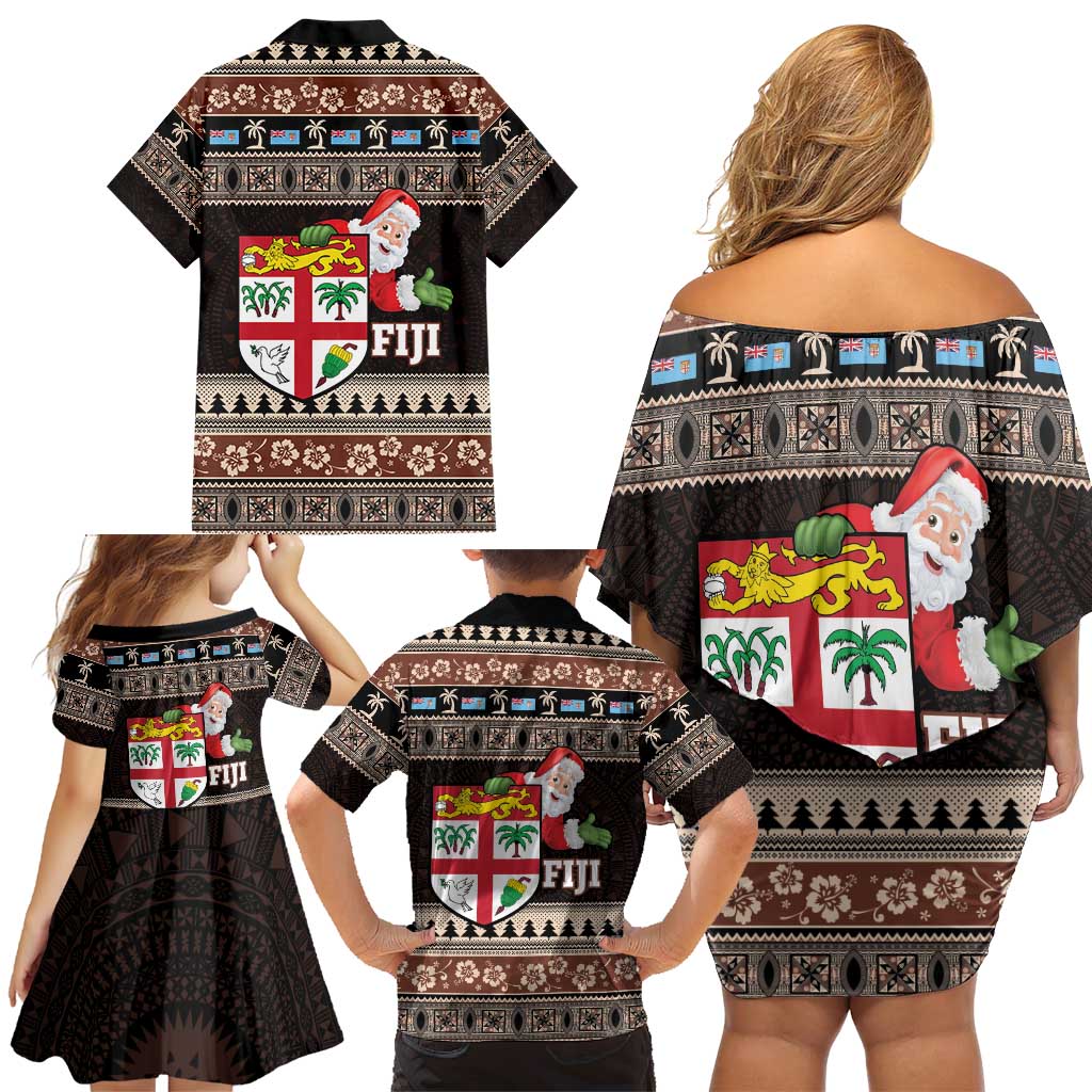 Fiji Christmas Family Matching Off Shoulder Short Dress and Hawaiian Shirt Fijian Masi Marau na Kerisimasi! - Brown