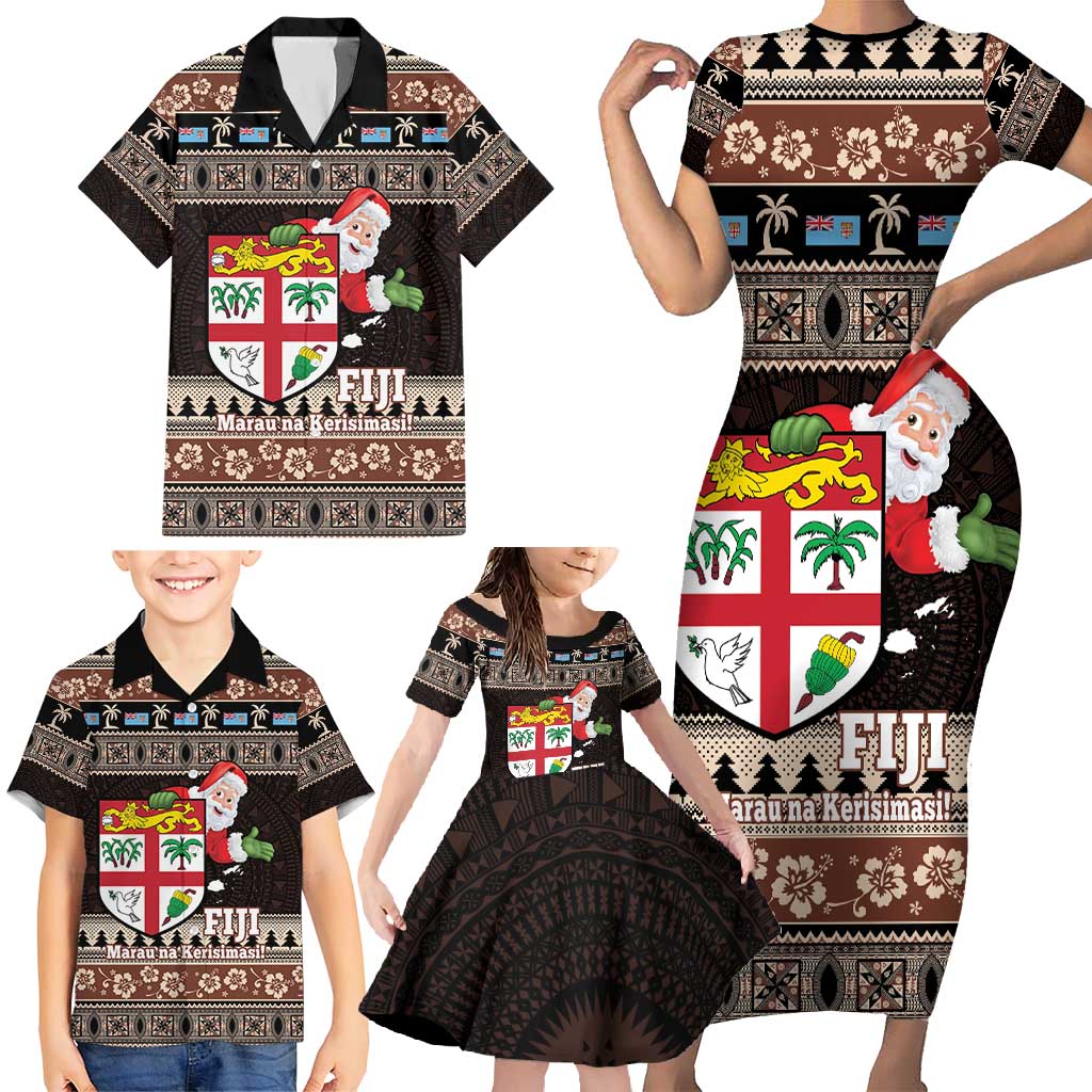 Fiji Christmas Family Matching Short Sleeve Bodycon Dress and Hawaiian Shirt Fijian Masi Marau na Kerisimasi! - Brown LT14 - Polynesian Pride