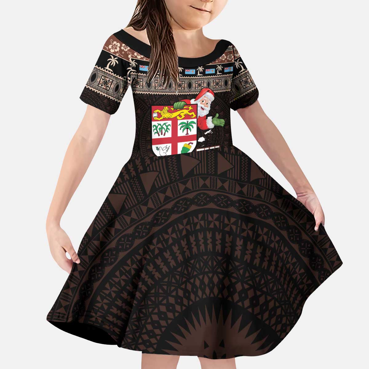 Fiji Christmas Kid Short Sleeve Dress Fijian Masi Marau na Kerisimasi! - Brown LT14 KID Brown - Polynesian Pride
