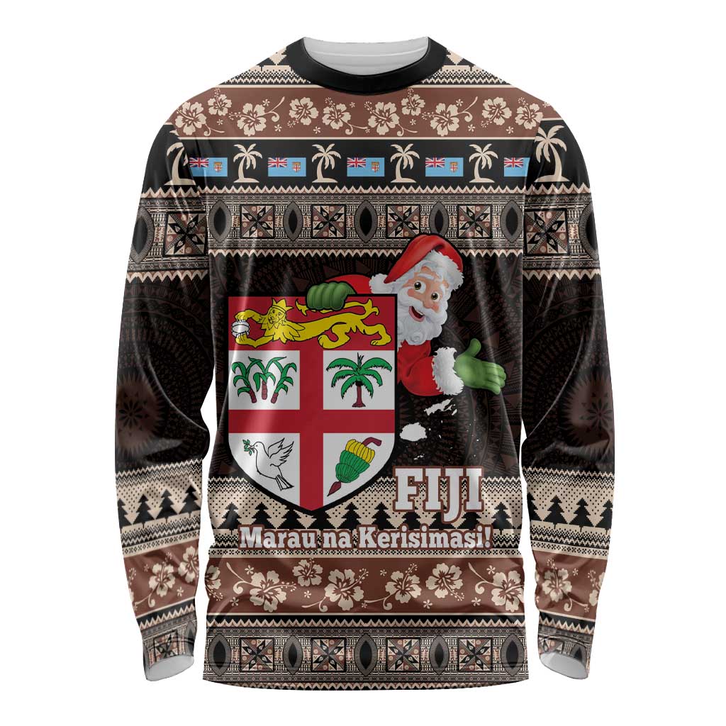 Fiji Christmas Long Sleeve Shirt Fijian Masi Marau na Kerisimasi! - Brown LT14 Unisex Brown - Polynesian Pride