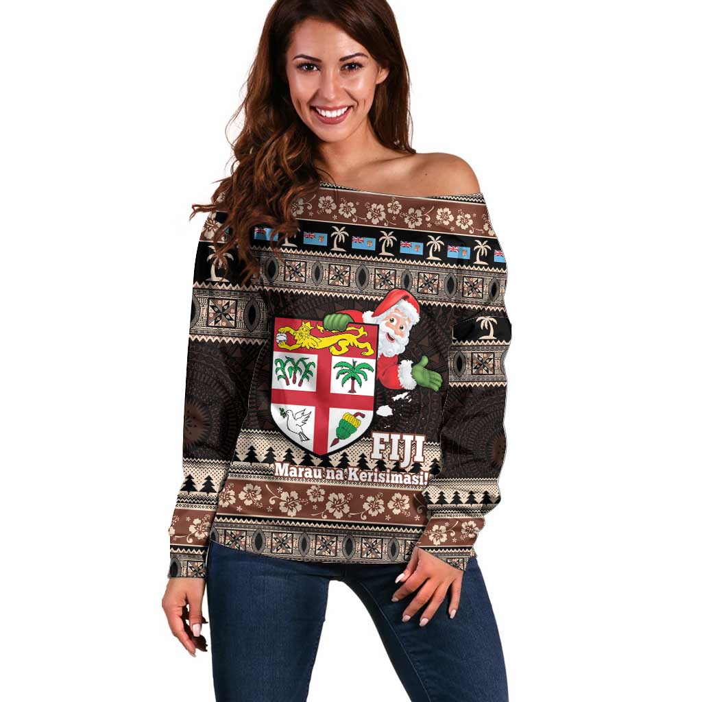 Fiji Christmas Off Shoulder Sweater Fijian Masi Marau na Kerisimasi! - Brown LT14 Women Brown - Polynesian Pride