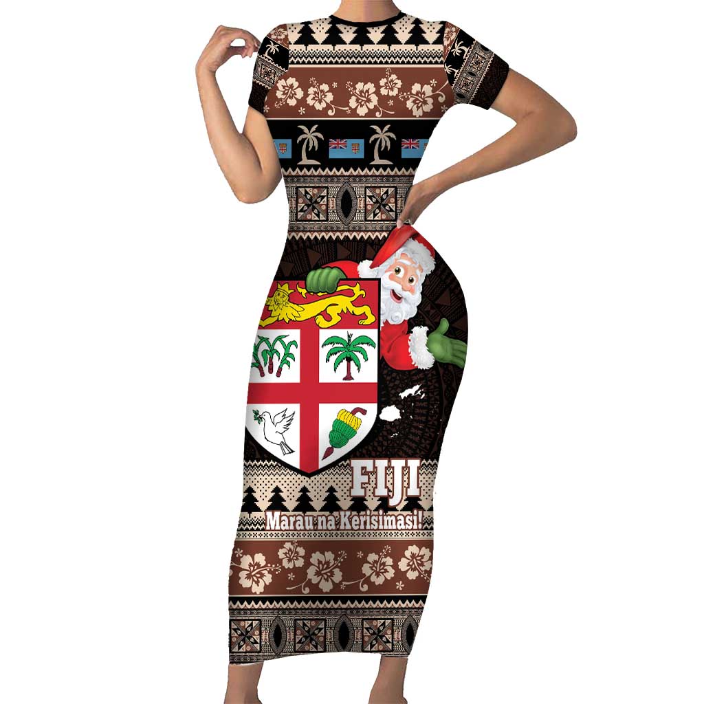 Fiji Christmas Short Sleeve Bodycon Dress Fijian Masi Marau na Kerisimasi! - Brown LT14 Long Dress Brown - Polynesian Pride