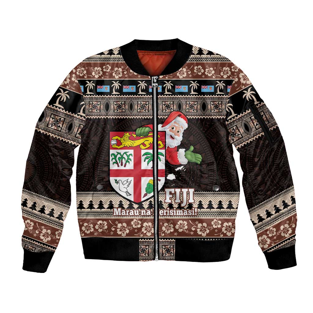 Fiji Christmas Sleeve Zip Bomber Jacket Fijian Masi Marau na Kerisimasi! - Brown LT14 Unisex Brown - Polynesian Pride