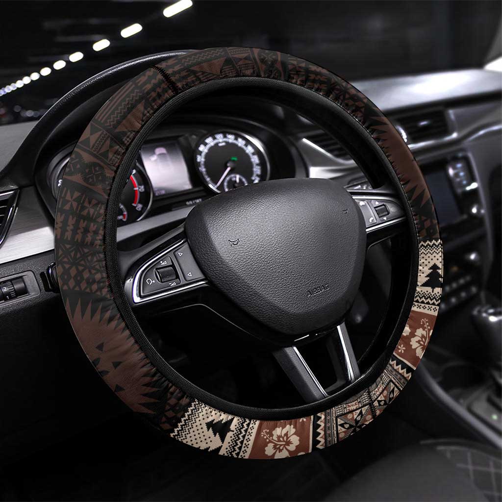 Fiji Christmas Steering Wheel Cover Fijian Masi Marau na Kerisimasi! - Brown LT14 Universal Fit Brown - Polynesian Pride
