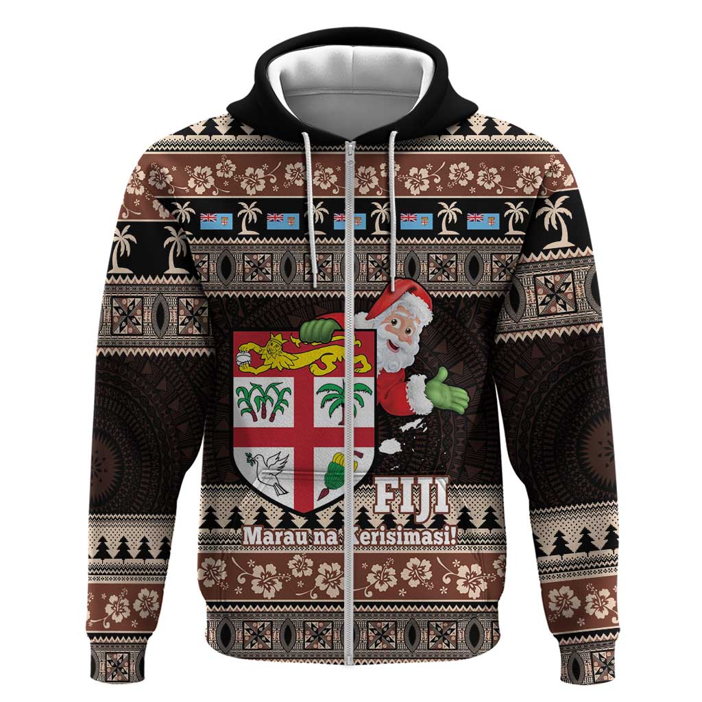 Fiji Christmas Zip Hoodie Fijian Masi Marau na Kerisimasi! - Brown LT14 Zip Hoodie Brown - Polynesian Pride