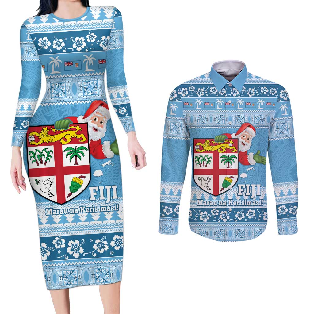 Fiji Christmas Couples Matching Long Sleeve Bodycon Dress and Long Sleeve Button Shirt Fijian Masi Marau na Kerisimasi! - Blue LT14 Blue - Polynesian Pride