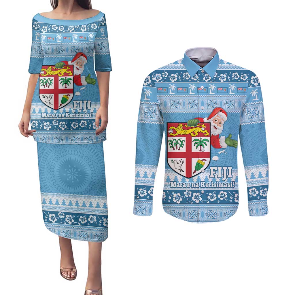 Fiji Christmas Couples Matching Puletasi and Long Sleeve Button Shirt Fijian Masi Marau na Kerisimasi! - Blue LT14 Blue - Polynesian Pride