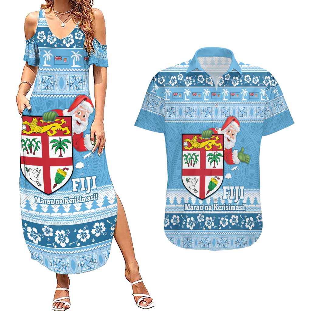 Fiji Christmas Couples Matching Summer Maxi Dress and Hawaiian Shirt Fijian Masi Marau na Kerisimasi! - Blue LT14 Blue - Polynesian Pride