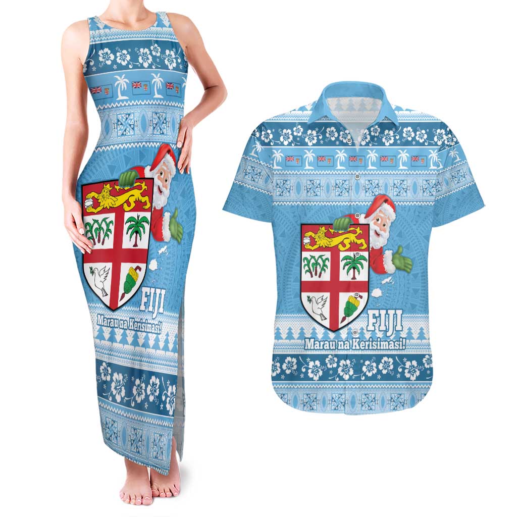 Fiji Christmas Couples Matching Tank Maxi Dress and Hawaiian Shirt Fijian Masi Marau na Kerisimasi! - Blue LT14 Blue - Polynesian Pride