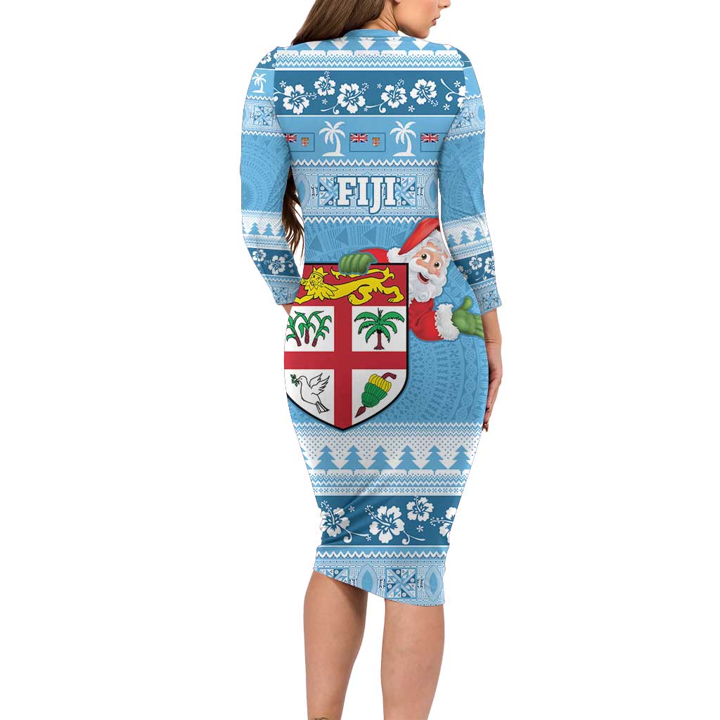 Fiji Christmas Family Matching Long Sleeve Bodycon Dress and Hawaiian Shirt Fijian Masi Marau na Kerisimasi! - Blue