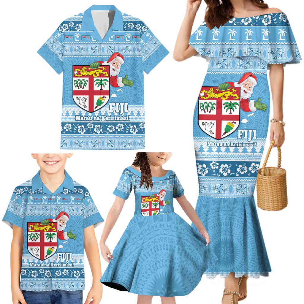 Fiji Christmas Family Matching Mermaid Dress and Hawaiian Shirt Fijian Masi Marau na Kerisimasi! - Blue LT14 - Polynesian Pride