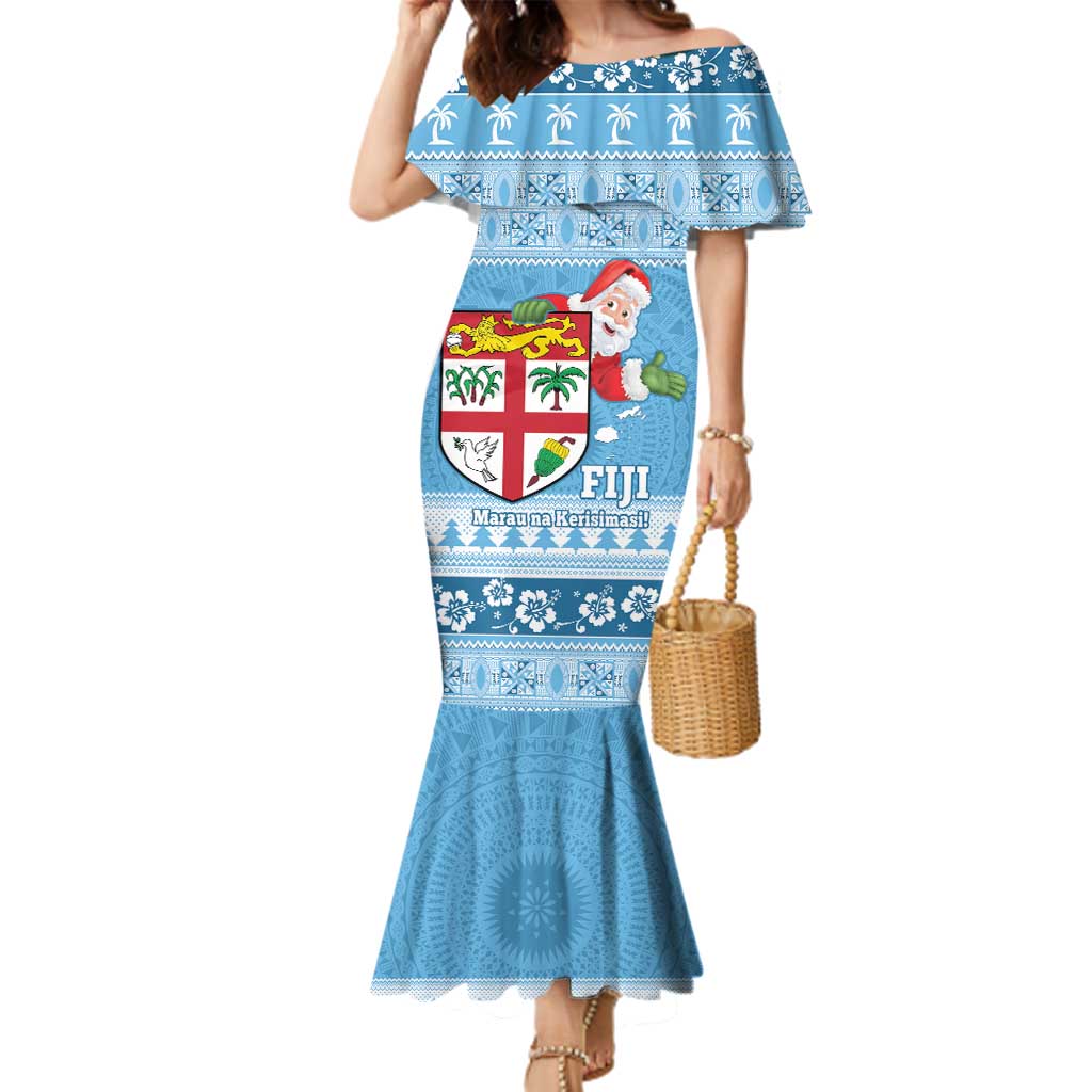 Fiji Christmas Family Matching Mermaid Dress and Hawaiian Shirt Fijian Masi Marau na Kerisimasi! - Blue LT14 Mom's Dress Blue - Polynesian Pride