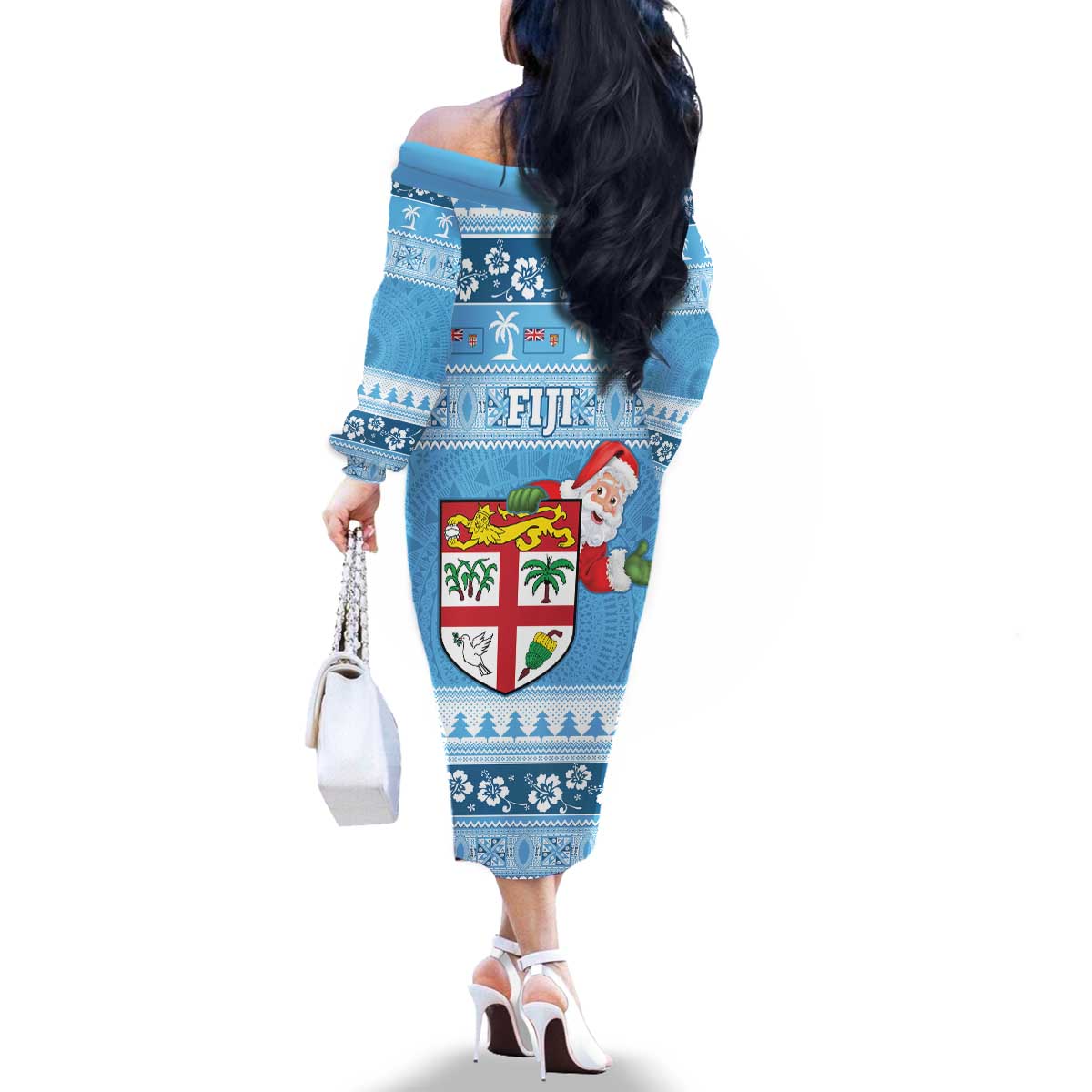 Fiji Christmas Family Matching Off The Shoulder Long Sleeve Dress and Hawaiian Shirt Fijian Masi Marau na Kerisimasi! - Blue