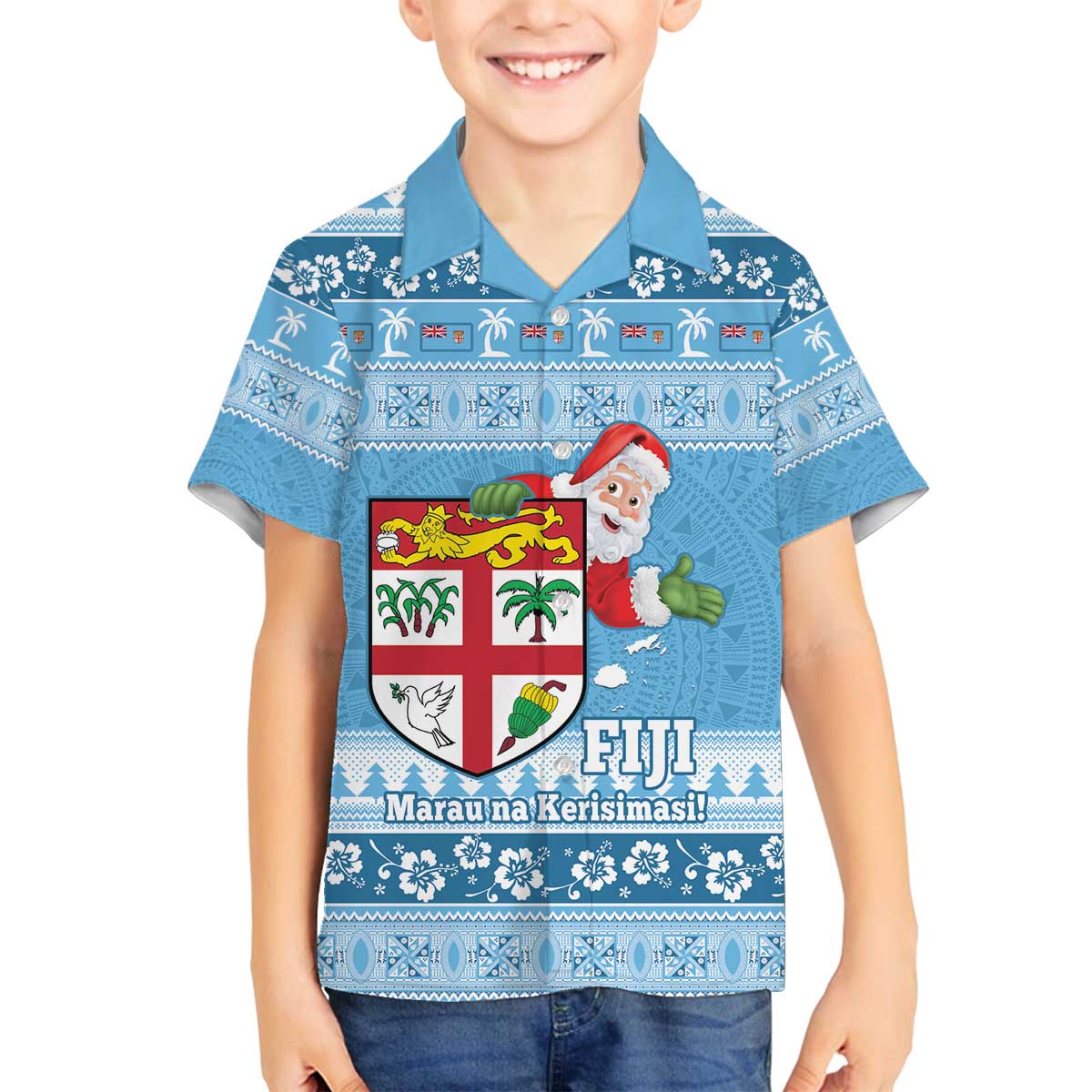 Fiji Christmas Family Matching Off The Shoulder Long Sleeve Dress and Hawaiian Shirt Fijian Masi Marau na Kerisimasi! - Blue