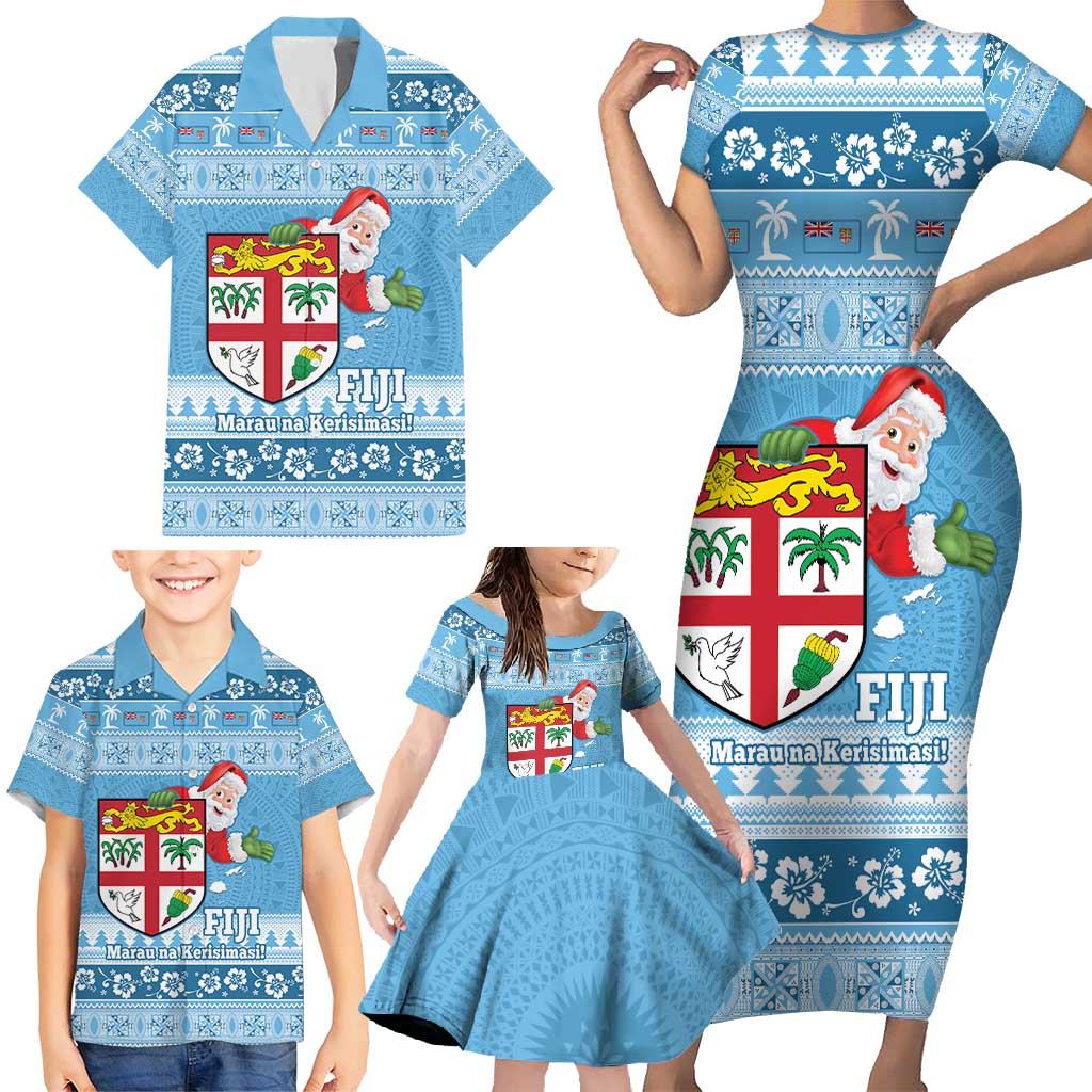 Fiji Christmas Family Matching Short Sleeve Bodycon Dress and Hawaiian Shirt Fijian Masi Marau na Kerisimasi! - Blue LT14 - Polynesian Pride