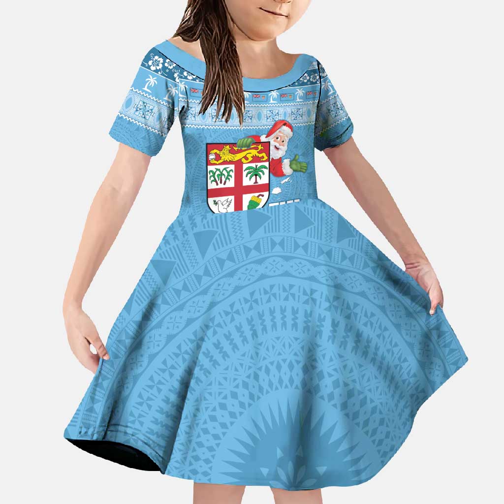 Fiji Christmas Family Matching Tank Maxi Dress and Hawaiian Shirt Fijian Masi Marau na Kerisimasi! - Blue LT14 Daughter's Dress Blue - Polynesian Pride