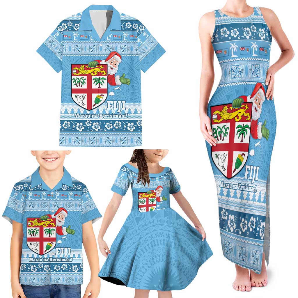 Fiji Christmas Family Matching Tank Maxi Dress and Hawaiian Shirt Fijian Masi Marau na Kerisimasi! - Blue LT14 - Polynesian Pride