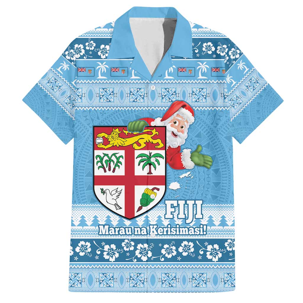 Fiji Christmas Family Matching Tank Maxi Dress and Hawaiian Shirt Fijian Masi Marau na Kerisimasi! - Blue LT14 Dad's Shirt - Short Sleeve Blue - Polynesian Pride