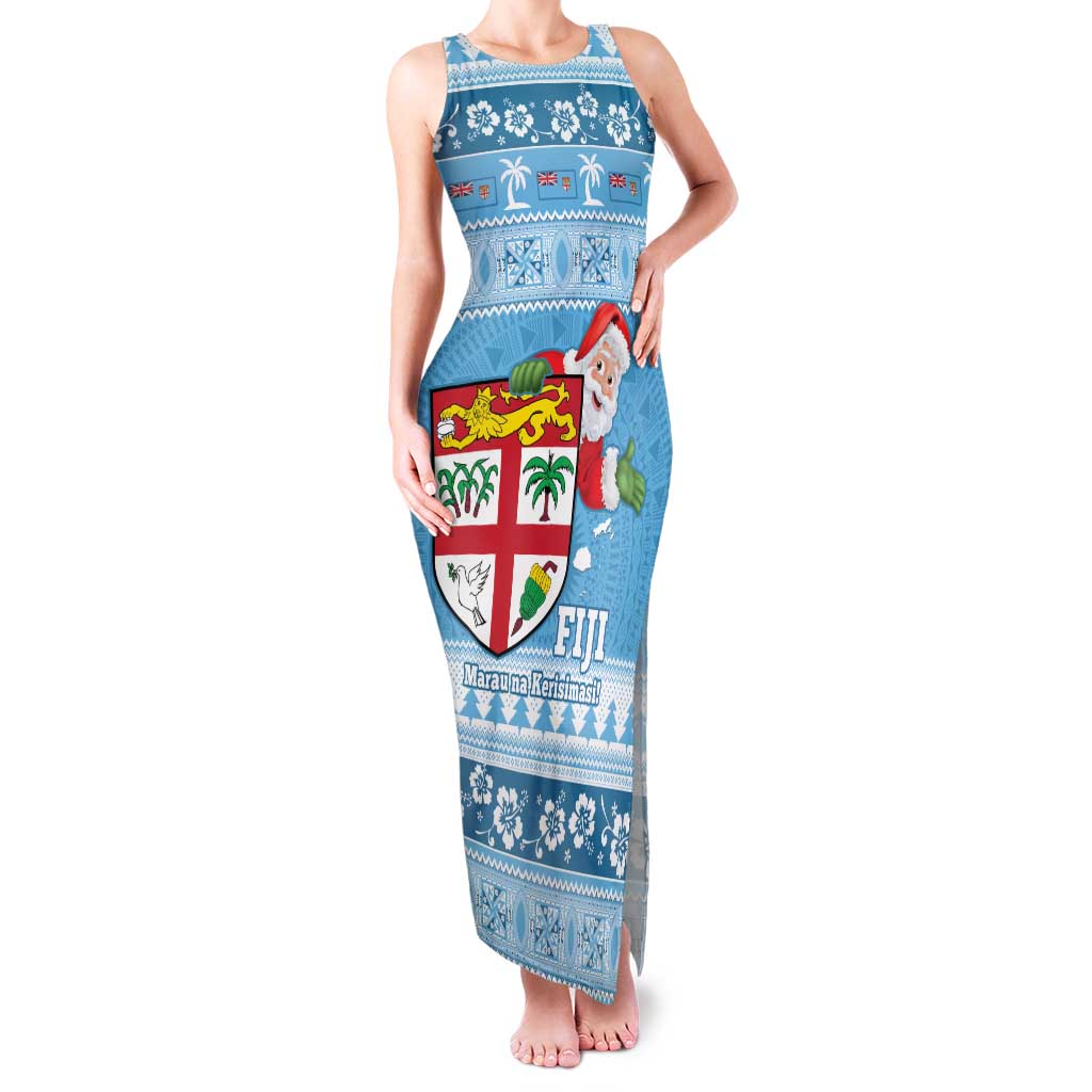 Fiji Christmas Family Matching Tank Maxi Dress and Hawaiian Shirt Fijian Masi Marau na Kerisimasi! - Blue LT14 Mom's Dress Blue - Polynesian Pride