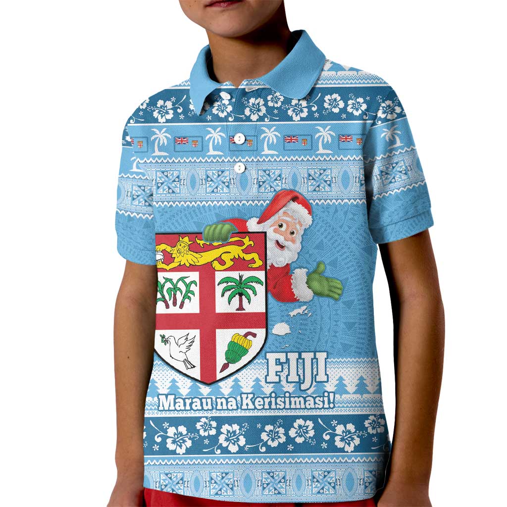 Fiji Christmas Kid Polo Shirt Fijian Masi Marau na Kerisimasi! - Blue LT14 Kid Blue - Polynesian Pride