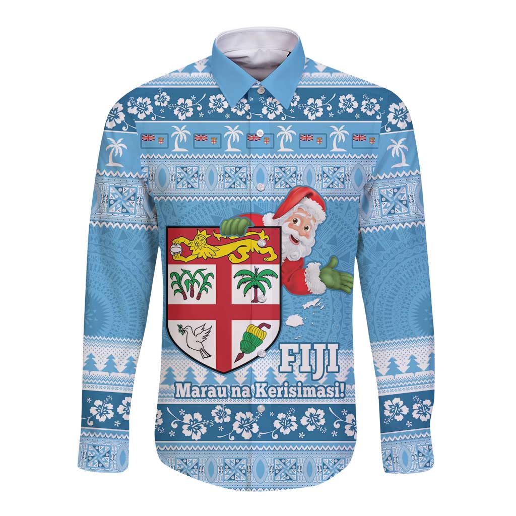 Fiji Christmas Long Sleeve Button Shirt Fijian Masi Marau na Kerisimasi! - Blue LT14 Unisex Blue - Polynesian Pride
