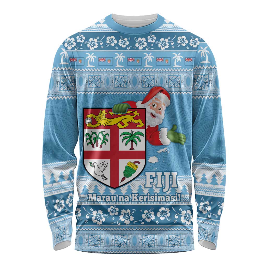 Fiji Christmas Long Sleeve Shirt Fijian Masi Marau na Kerisimasi! - Blue LT14 Unisex Blue - Polynesian Pride